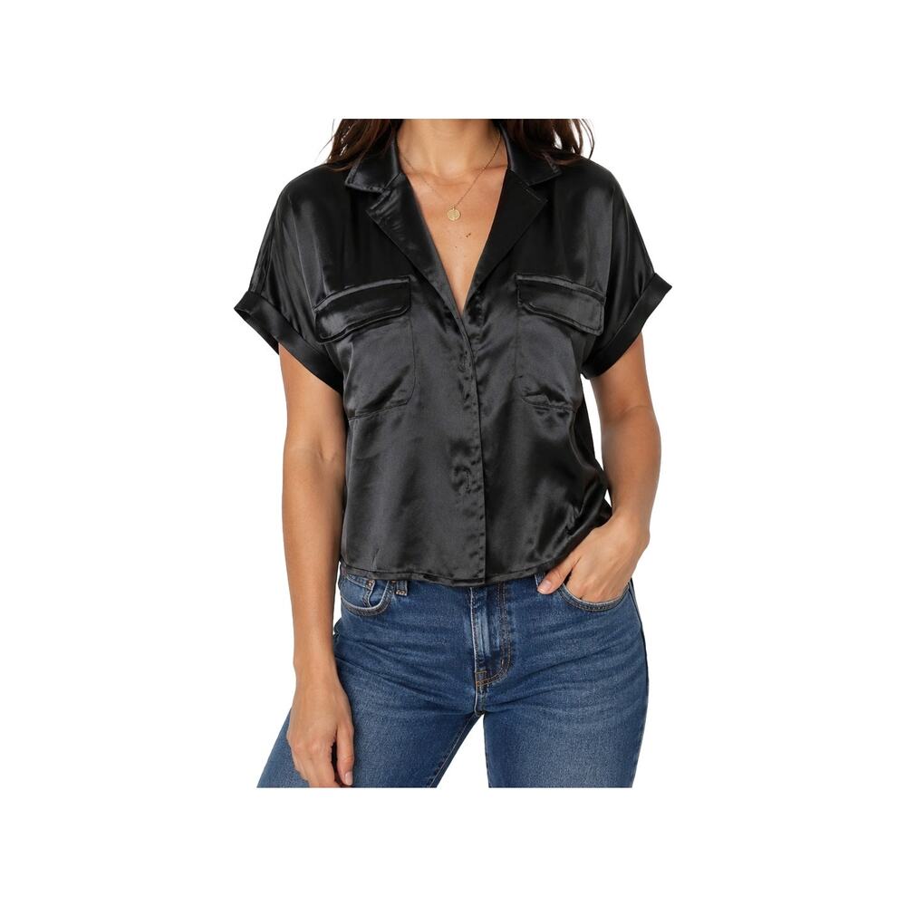 Rachel Zoe Black Satin Feel Utility Blouse M Luxe Minimalist Indiesleaze AltGlam